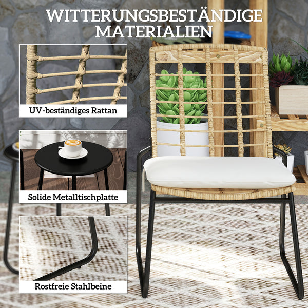 Gartenmöbel Set Rattan mit 2 Stühlen 1 Tisch und Sitzkissen beige braun