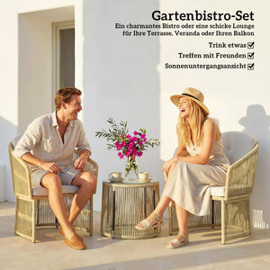 Gartenmöbel Set Rattan 3-teilig mit Glastisch und Kissen cremeweiss
