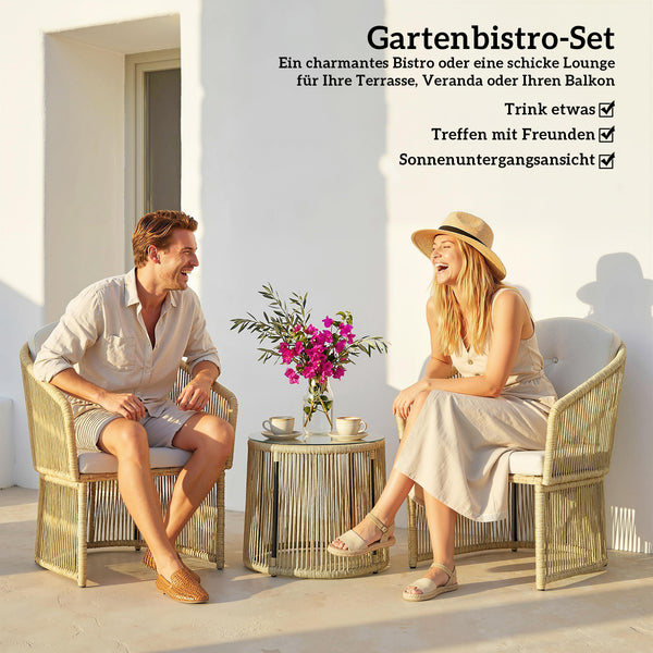 Gartenmöbel Set Rattan 3-teilig mit Glastisch und Kissen cremeweiss