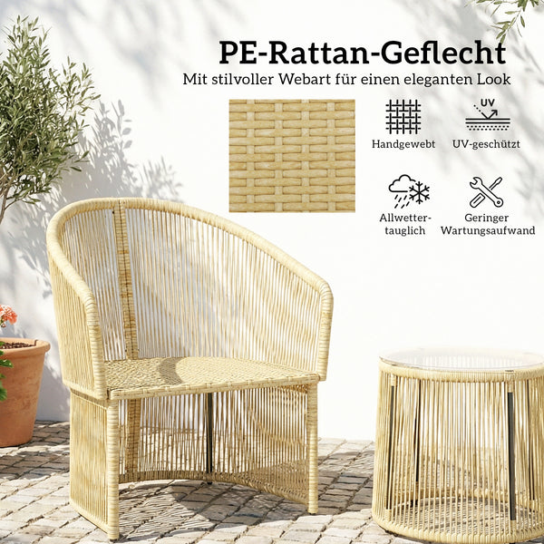Gartenmöbel Set Rattan 3-teilig mit Glastisch und Kissen cremeweiss