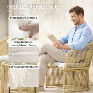 Gartenmöbel Set Rattan 3-teilig mit Glastisch und Kissen cremeweiss