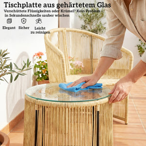 Gartenmöbel Set Rattan 3-teilig mit Glastisch und Kissen cremeweiss