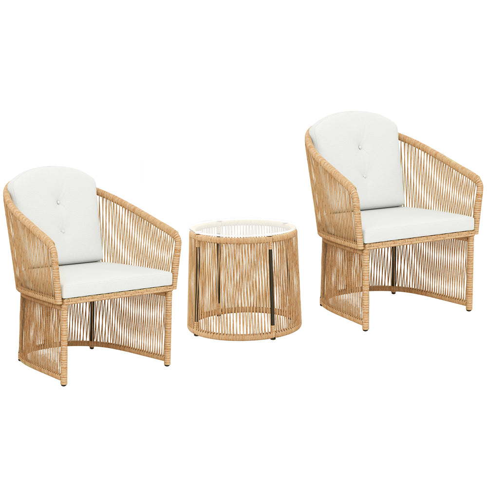 Gartenmöbel Set Rattan 3-teilig mit Glastisch und Kissen cremeweiss