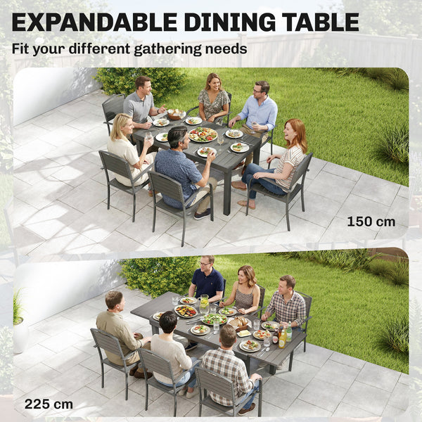 Gartenmöbel Set 7-teilig ausziehbar mit Tisch und Stühlen Holzoptik Aluminium