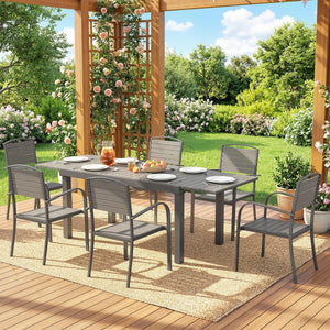 Gartenmöbel Set 7-teilig ausziehbar mit Tisch und Stühlen Holzoptik Aluminium