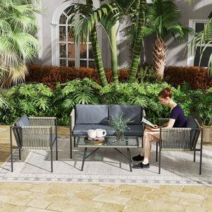 Gartenmöbel Set 4-teilig mit Sofa Sessel und Tisch Polyrattan grau