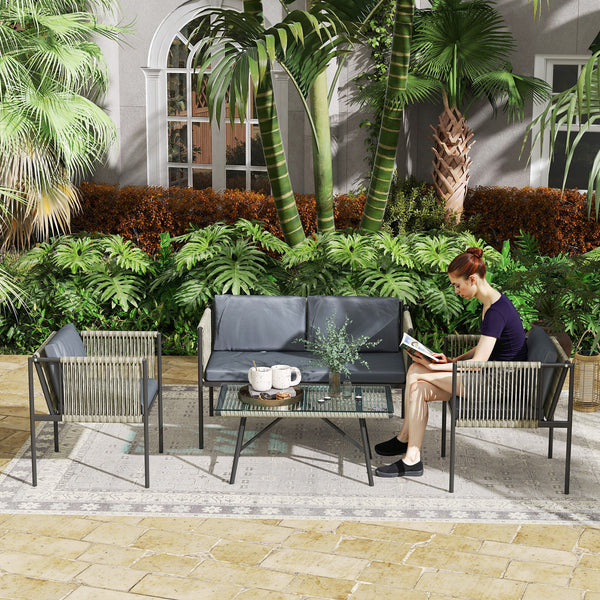 Gartenmöbel Set 4-teilig mit Sofa Sessel und Tisch Polyrattan grau