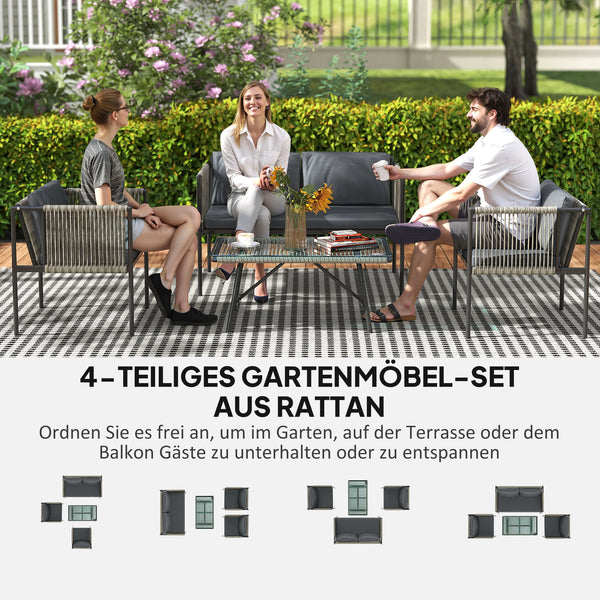 Gartenmöbel Set 4-teilig mit Sofa Sessel und Tisch Polyrattan grau