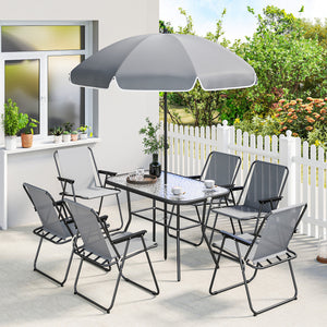 Gartenmöbel Set mit Glastisch 6 Klappstühlen und Sonnenschirm grau