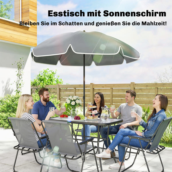 Gartenmöbel Set mit Glastisch 6 Klappstühlen und Sonnenschirm grau