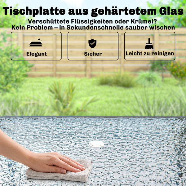 Gartenmöbel Set mit Glastisch 6 Klappstühlen und Sonnenschirm grau