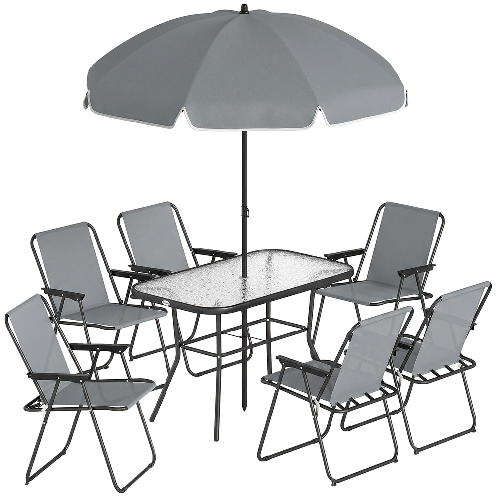 Gartenmöbel Set mit Glastisch 6 Klappstühlen und Sonnenschirm grau