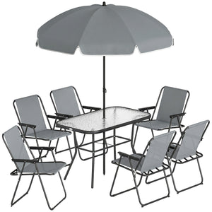 Gartenmöbel Set mit Glastisch 6 Klappstühlen und Sonnenschirm grau