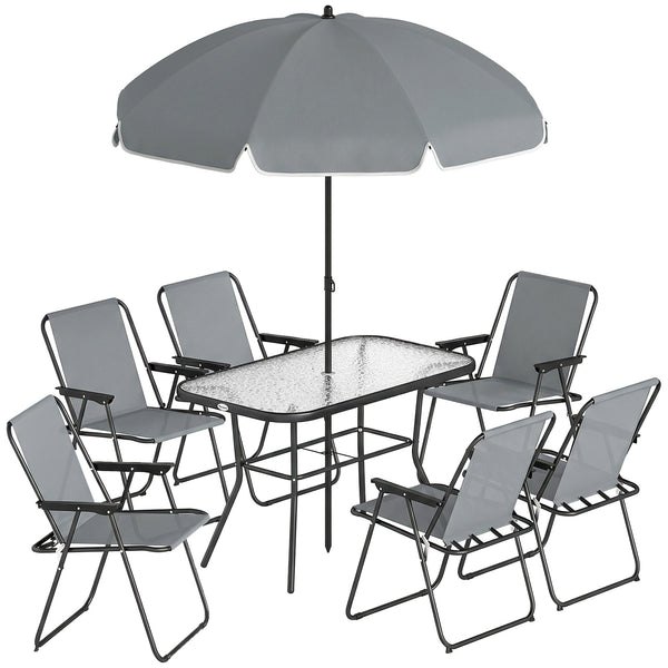 Gartenmöbel Set mit Glastisch 6 Klappstühlen und Sonnenschirm grau