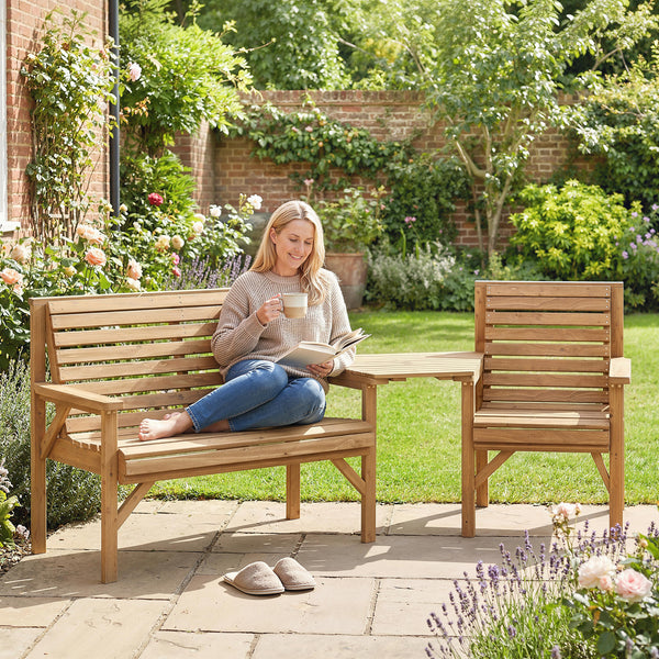 Gartenmöbel Set 3-teilig mit Tisch und Sonnenschirmloch aus Holz