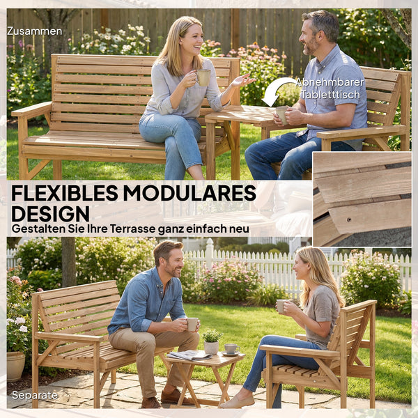 Gartenmöbel Set 3-teilig mit Tisch und Sonnenschirmloch aus Holz