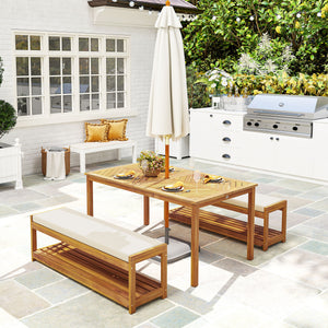 Gartenmöbel Set mit Esstisch Schirmloch und 2 Bänken aus Teak