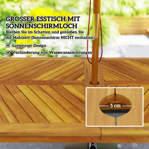 Gartenmöbel Set mit Esstisch Schirmloch und 2 Bänken aus Teak
