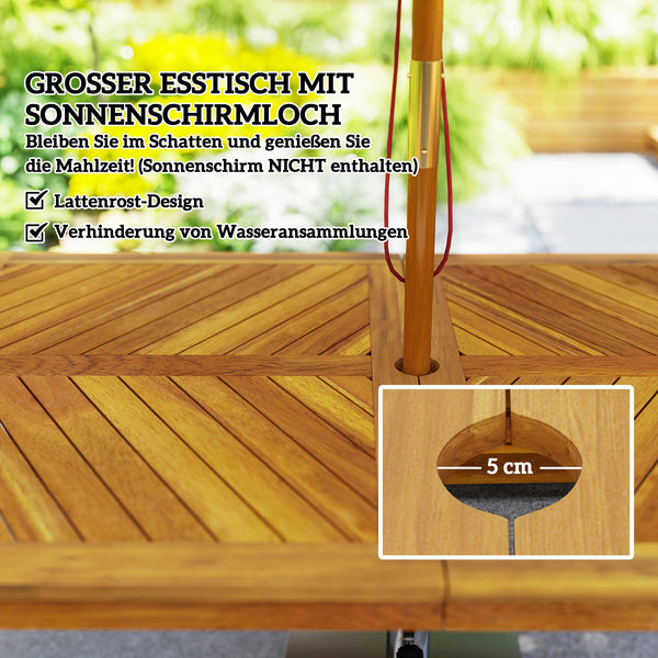 Gartenmöbel Set mit Esstisch Schirmloch und 2 Bänken aus Teak