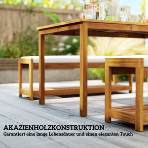 Gartenmöbel Set mit Esstisch Schirmloch und 2 Bänken aus Teak