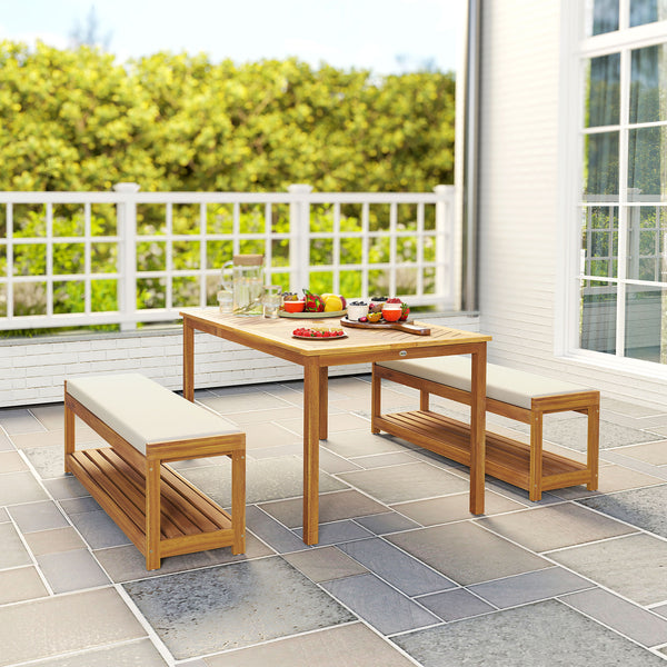 Gartenmöbel Set mit Esstisch Schirmloch und 2 Bänken aus Teak