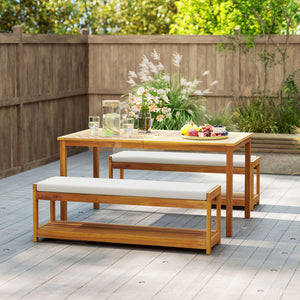 Gartenmöbel Set mit Esstisch Schirmloch und 2 Bänken aus Teak