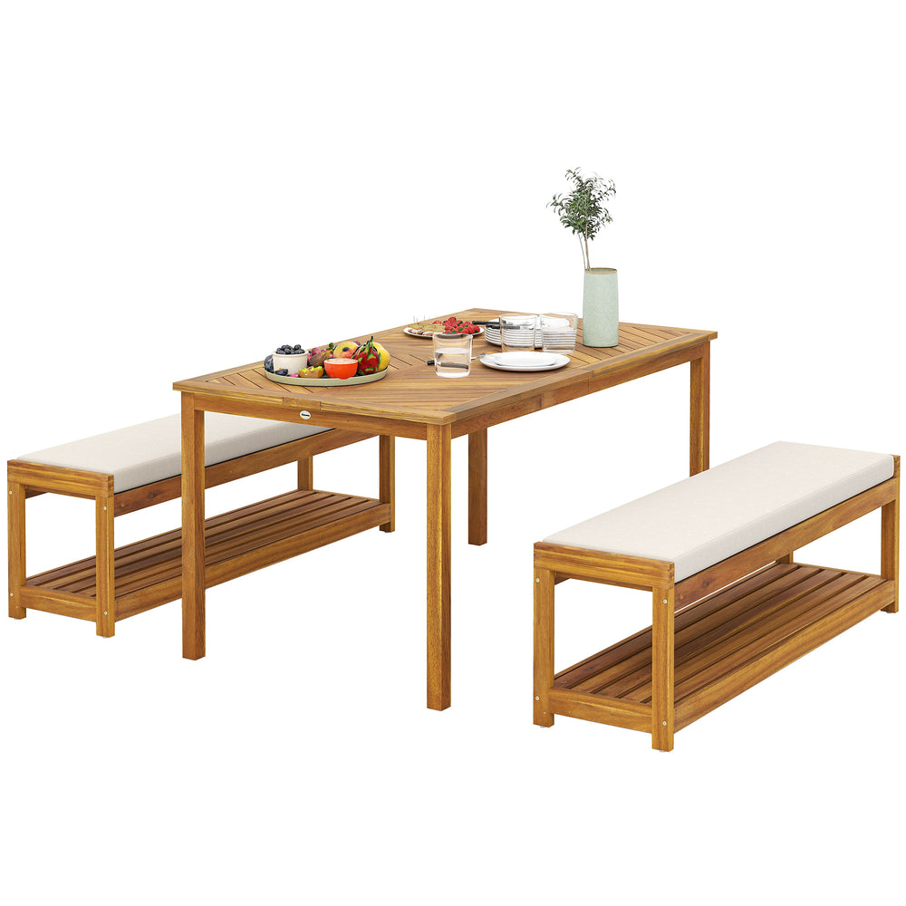 Gartenmöbel Set mit Esstisch Schirmloch und 2 Bänken aus Teak