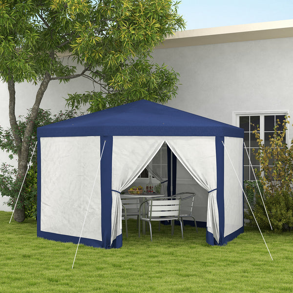 Gartenpavillon sechseckig mit Netzvorhängen und Metallgestell blau