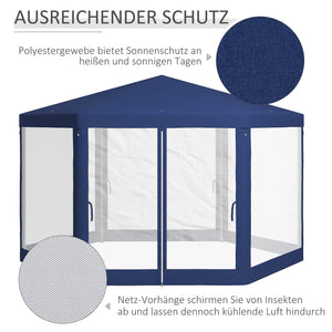 Gartenpavillon sechseckig mit Netzvorhängen und Metallgestell blau