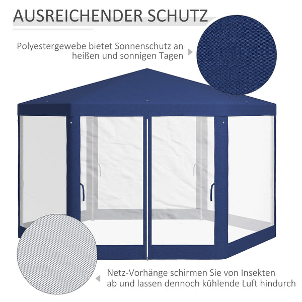 Gartenpavillon sechseckig mit Netzvorhängen und Metallgestell blau