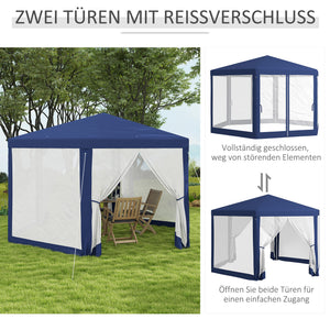 Gartenpavillon sechseckig mit Netzvorhängen und Metallgestell blau