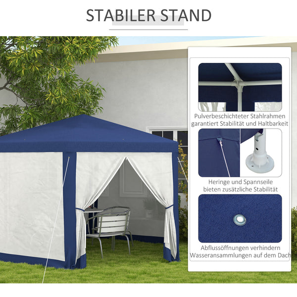 Gartenpavillon sechseckig mit Netzvorhängen und Metallgestell blau