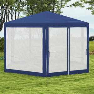 Gartenpavillon sechseckig mit Netzvorhängen und Metallgestell blau