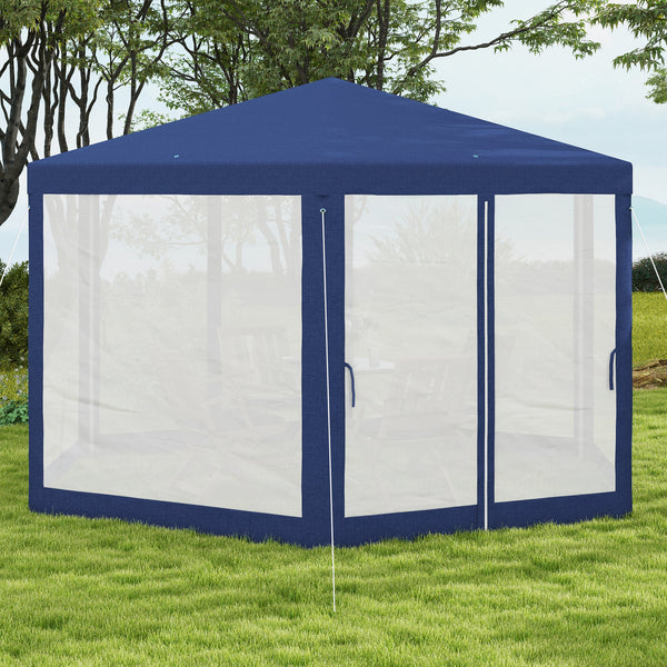 Gartenpavillon sechseckig mit Netzvorhängen und Metallgestell blau
