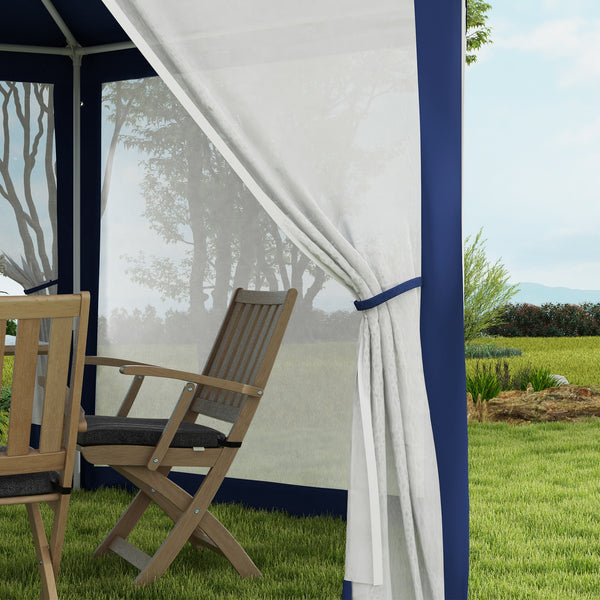 Gartenpavillon sechseckig mit Netzvorhängen und Metallgestell blau