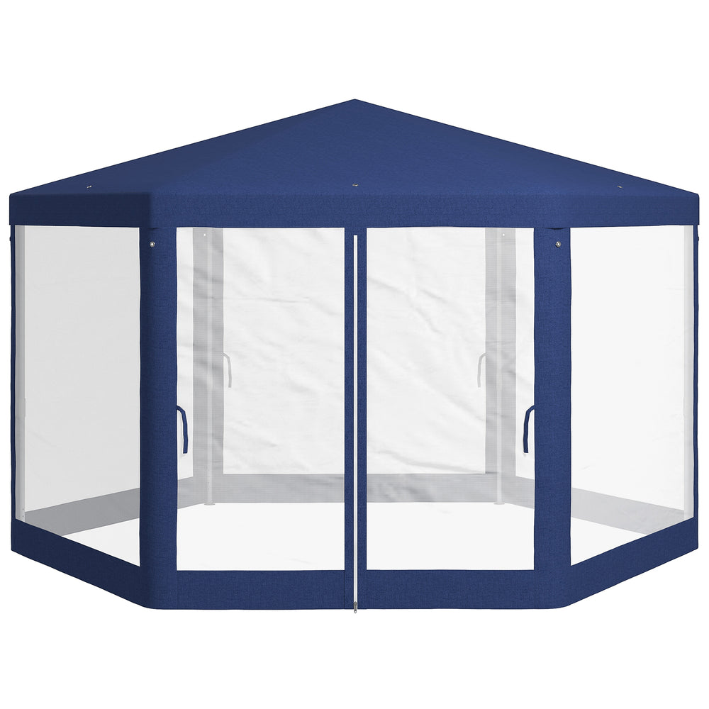 Gartenpavillon sechseckig mit Netzvorhängen und Metallgestell blau