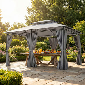 Gartenpavillon mit Vorhängen und belüftetem Dach dunkelgrau