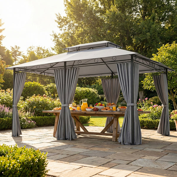 Gartenpavillon mit Vorhängen und belüftetem Dach dunkelgrau