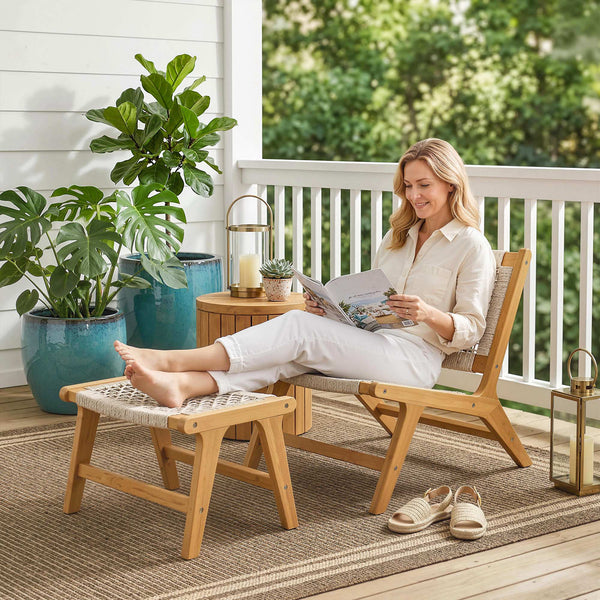 Gartensessel mit Hocker Boho Outdoor Akazienholz Rattan