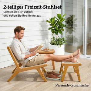 Gartensessel mit Hocker Boho Outdoor Akazienholz Rattan
