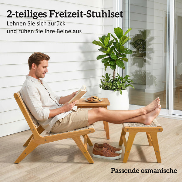 Gartensessel mit Hocker Boho Outdoor Akazienholz Rattan