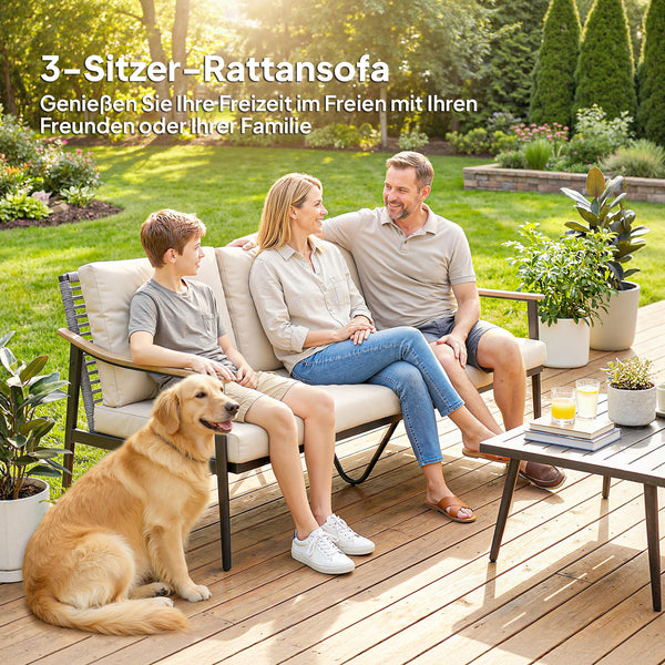 Gartensofa 3-Sitzer Rattan mit abnehmbaren Kissen khaki