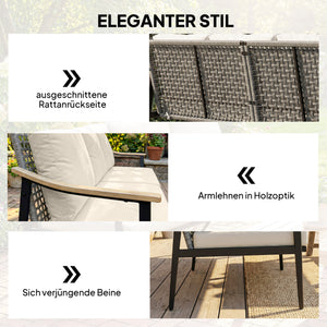 Gartensofa 3-Sitzer Rattan mit abnehmbaren Kissen khaki