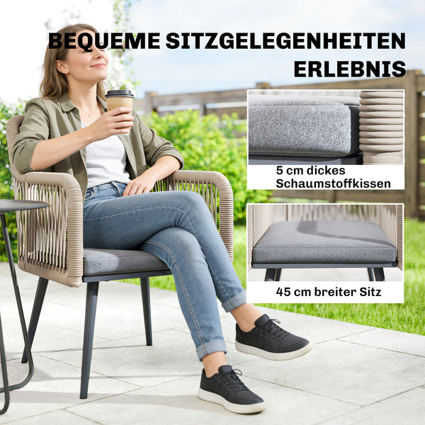 Gartenstuhl 2er Set wetterfest mit Armlehne und Sitzkissen hellgrau
