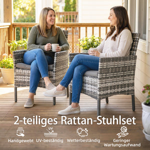Gartenstuhl 2er Set Polyrattan mit Kissen grau