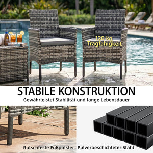 Gartenstuhl 2er Set Polyrattan mit Kissen grau