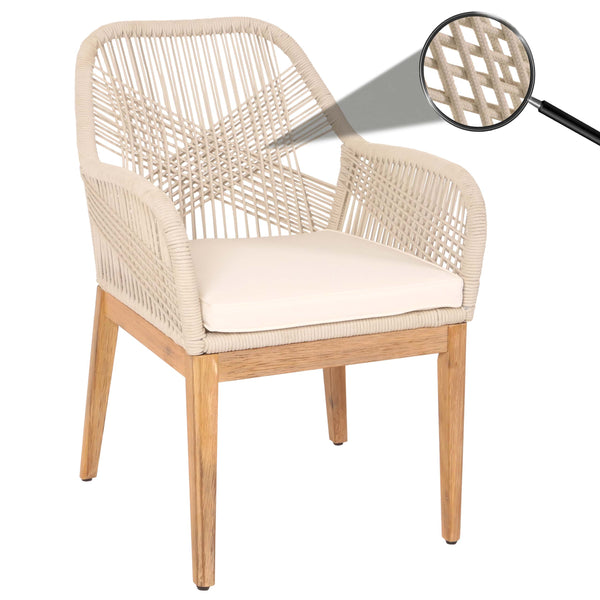 Gartenstuhl Outdoor wetterfest Seilgeflecht Akazie beige Kissen creme-weiss