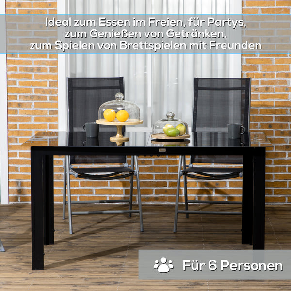 Gartentisch wetterfest mit Glasplatte für 6 Personen schwarz