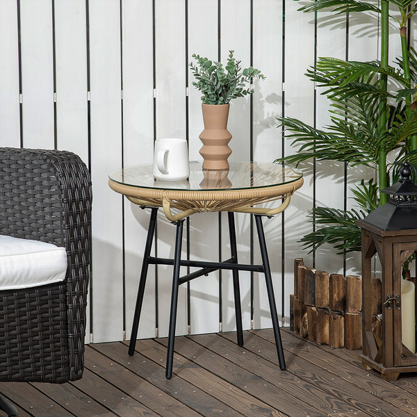 Gartentisch Rattan Boho Stil wetterfest mit Glasplatte beige