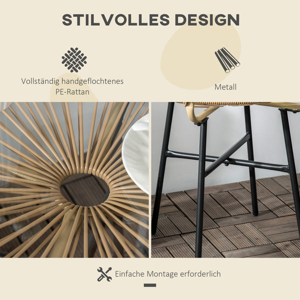 Gartentisch Rattan Boho Stil wetterfest mit Glasplatte beige